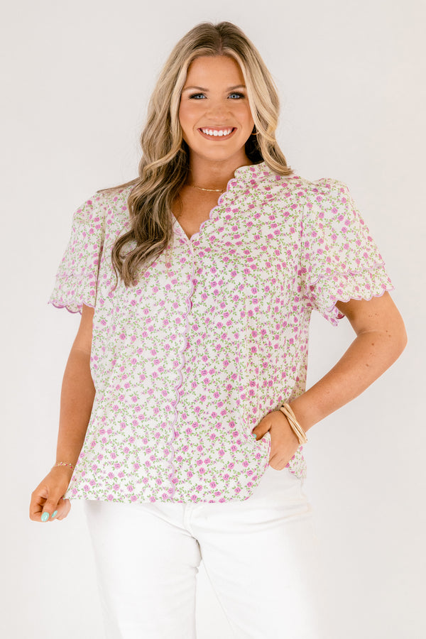 Chic Soul plus size clothing, white short sleeve top with purple and green floral print and scallop trim sleeves and v-neckline
