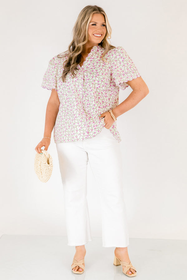 Chic Soul plus size clothing, white short sleeve top with purple and green floral print and scallop trim sleeves and v-neckline