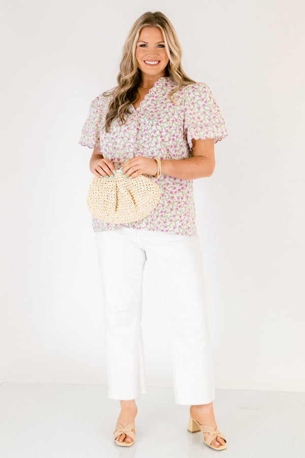 Chic Soul plus size clothing, white short sleeve top with purple and green floral print and scallop trim sleeves and v-neckline