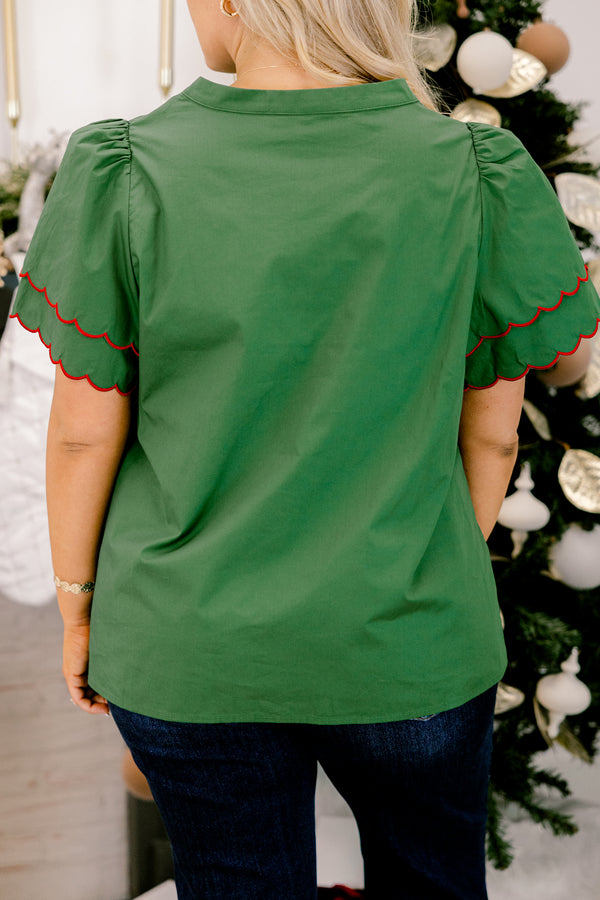 Chic Soul plus size clothing, green short sleeve top with red scalloped hem detailing