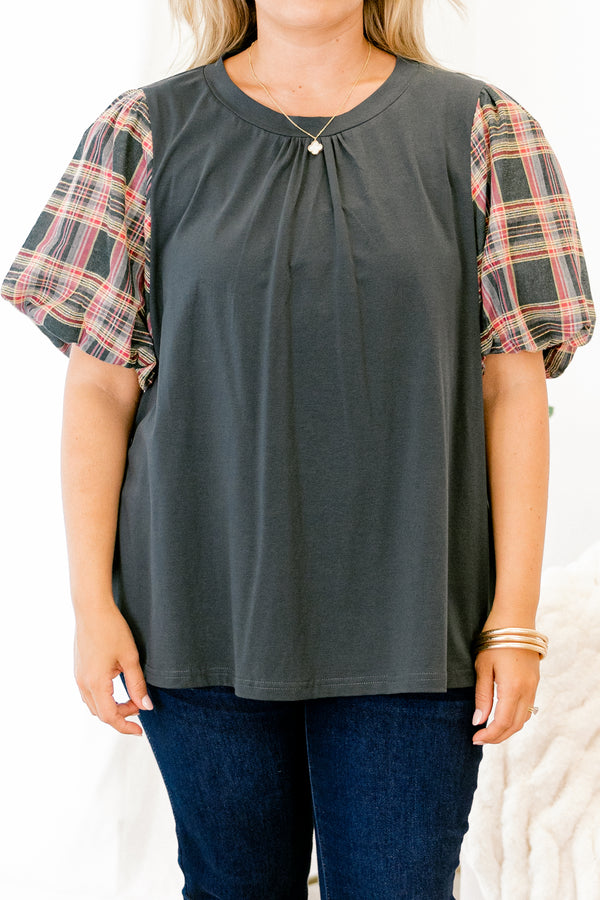 Chic Soul plus size clothing, green top with bubble sleeves that have a plaid pattern on them