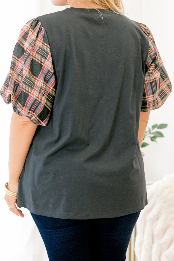 Chic Soul plus size clothing, green top with bubble sleeves that have a plaid pattern on them