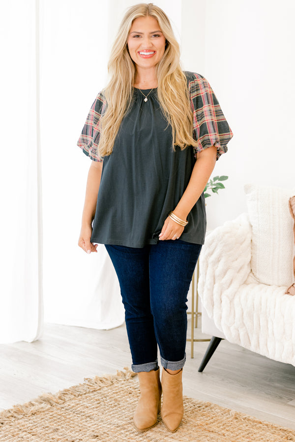 Chic Soul plus size clothing, green top with bubble sleeves that have a plaid pattern on them
