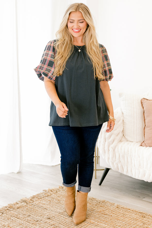 Chic Soul plus size clothing, green top with bubble sleeves that have a plaid pattern on them