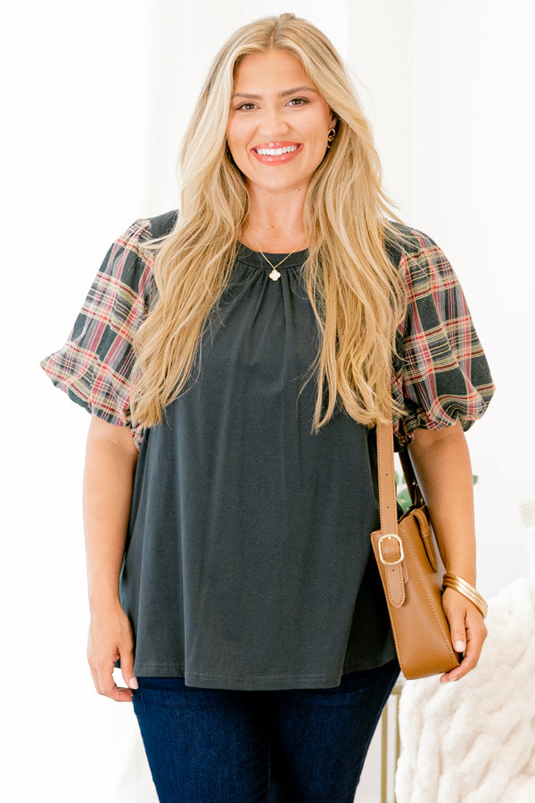Chic Soul plus size clothing, green top with bubble sleeves that have a plaid pattern on them