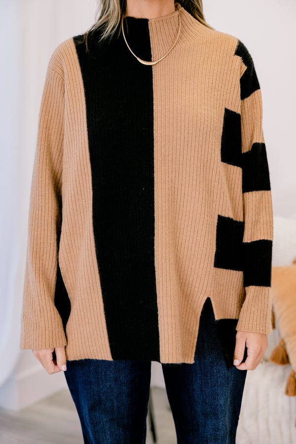 Chic Soul plus size clothing, blank and tan color blocked long sleeve mock neck sweater 
