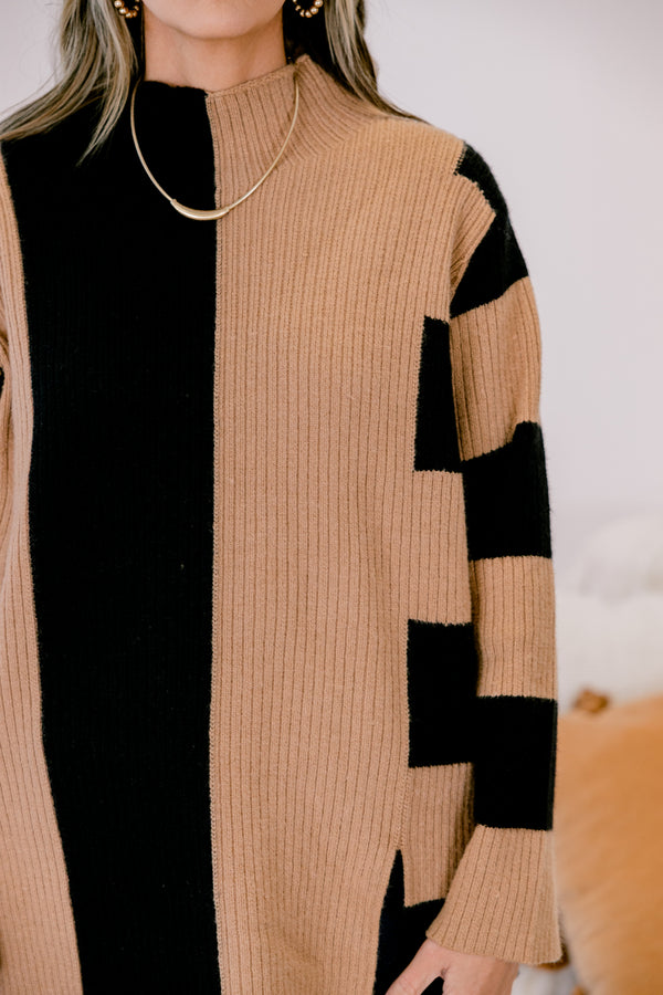 Chic Soul plus size clothing, blank and tan color blocked long sleeve mock neck sweater 
