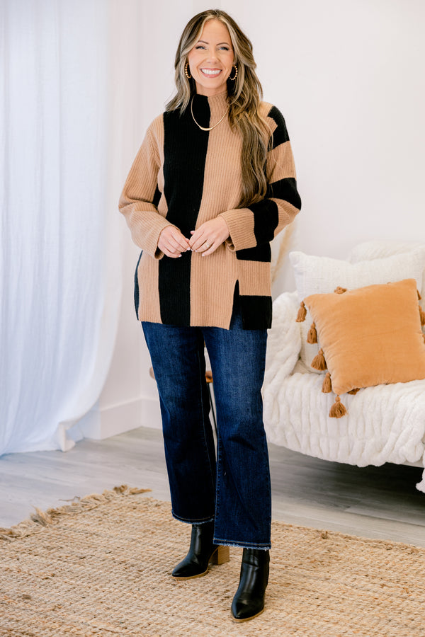 Chic Soul plus size clothing, blank and tan color blocked long sleeve mock neck sweater 
