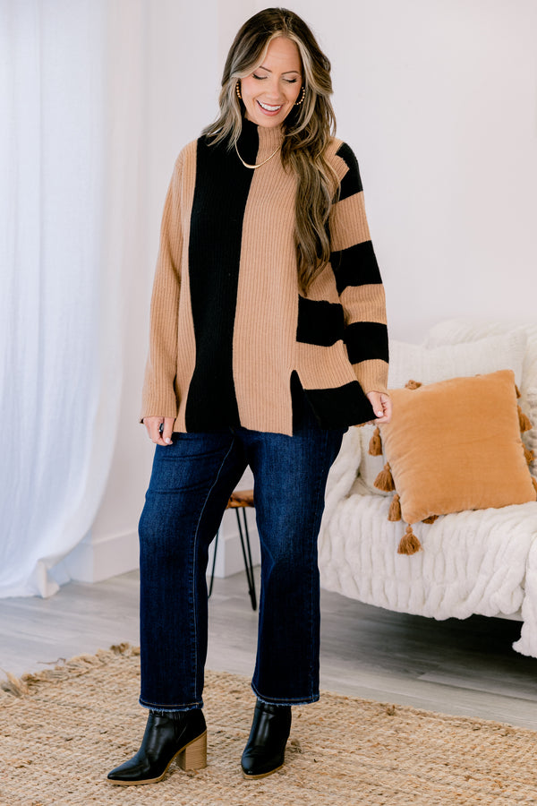 Chic Soul plus size clothing, blank and tan color blocked long sleeve mock neck sweater 
