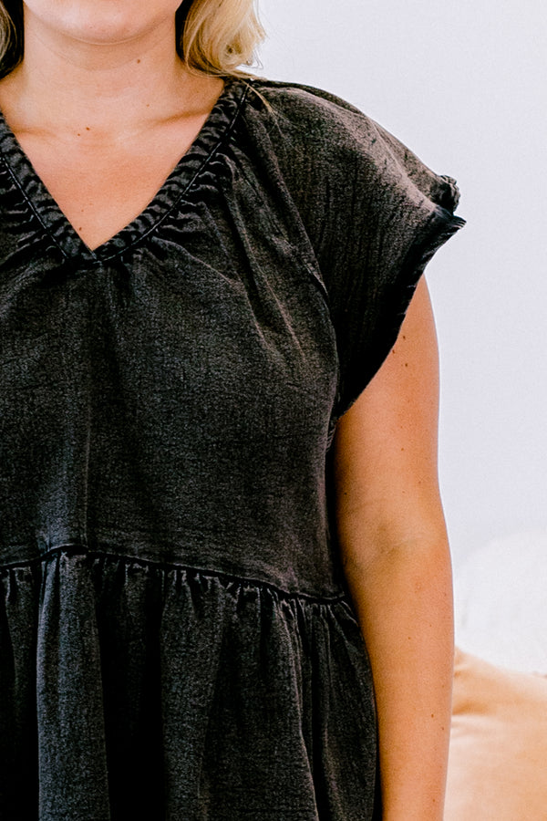 Chic Soul plus size clothing, black baby doll dress with flutter sleeves and an acid wash texture 