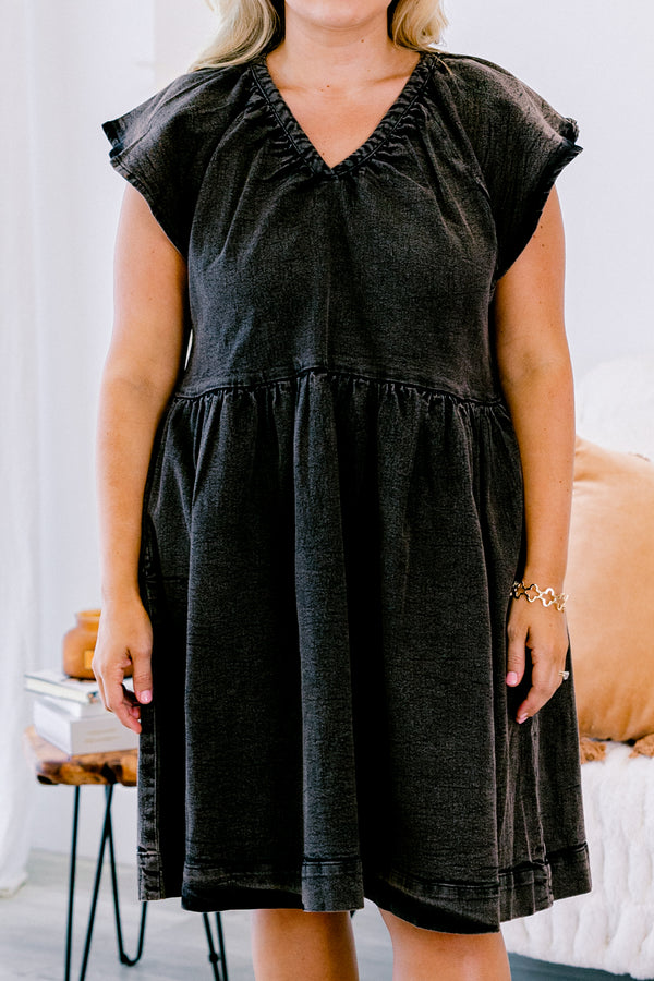 Chic Soul plus size clothing, black baby doll dress with flutter sleeves and an acid wash texture 