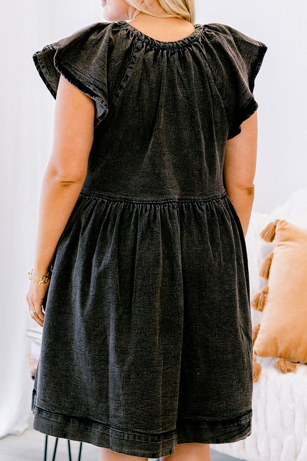 Chic Soul plus size clothing, black baby doll dress with flutter sleeves and an acid wash texture 