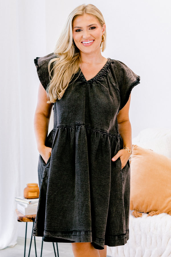 Chic Soul plus size clothing, black baby doll dress with flutter sleeves and an acid wash texture 