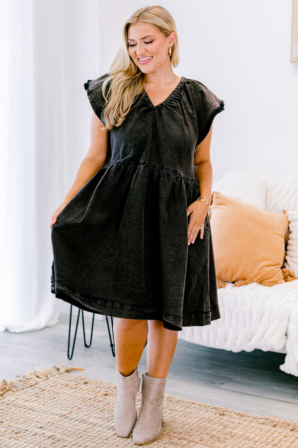 Chic Soul plus size clothing, black baby doll dress with flutter sleeves and an acid wash texture 