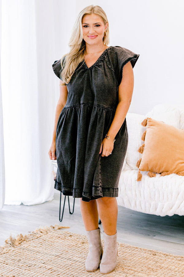 Chic Soul plus size clothing, black baby doll dress with flutter sleeves and an acid wash texture 