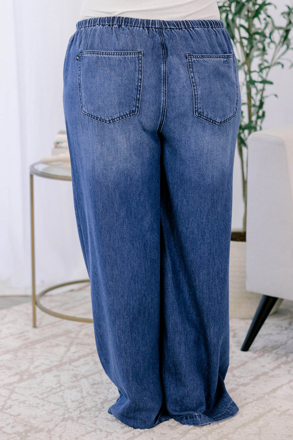 Chic Soul plus size clothing, dark wash wide leg jeans with a drawstring waistline
