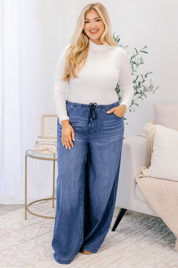 Chic Soul plus size clothing, dark wash wide leg jeans with a drawstring waistline