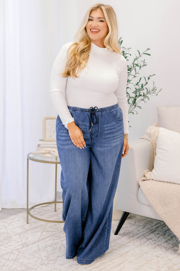 Chic Soul plus size clothing, dark wash wide leg jeans with a drawstring waistline