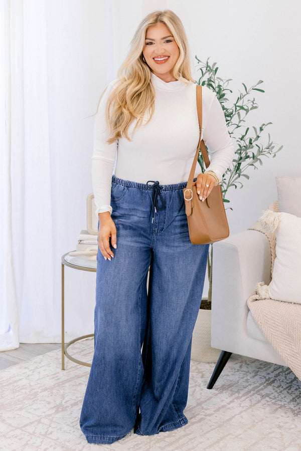 Chic Soul plus size clothing, dark wash wide leg jeans with a drawstring waistline
