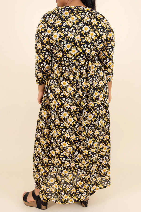 Chic Soul plus size clothing, black and yellow floral patterned maxi dress