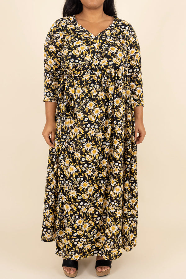 Chic Soul plus size clothing, black and yellow floral patterned maxi dress