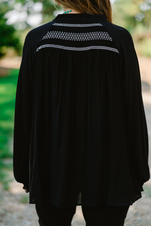 Chic Soul plus size clothing, black long sleeve op with white stitching details on the chest area 