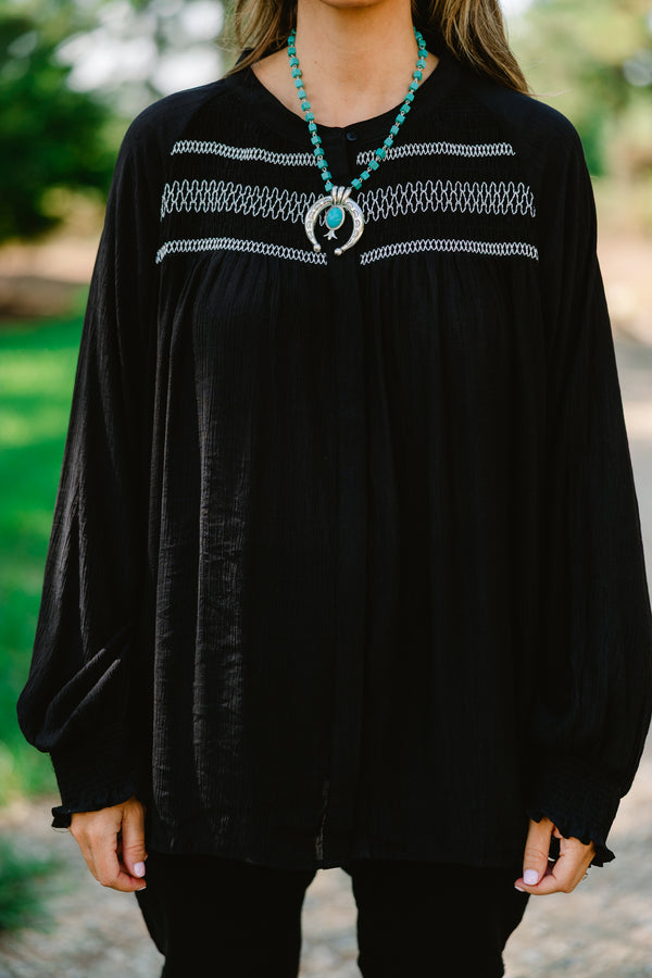 Chic Soul plus size clothing, black long sleeve op with white stitching details on the chest area 