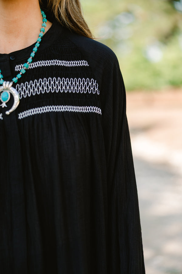 Chic Soul plus size clothing, black long sleeve op with white stitching details on the chest area 