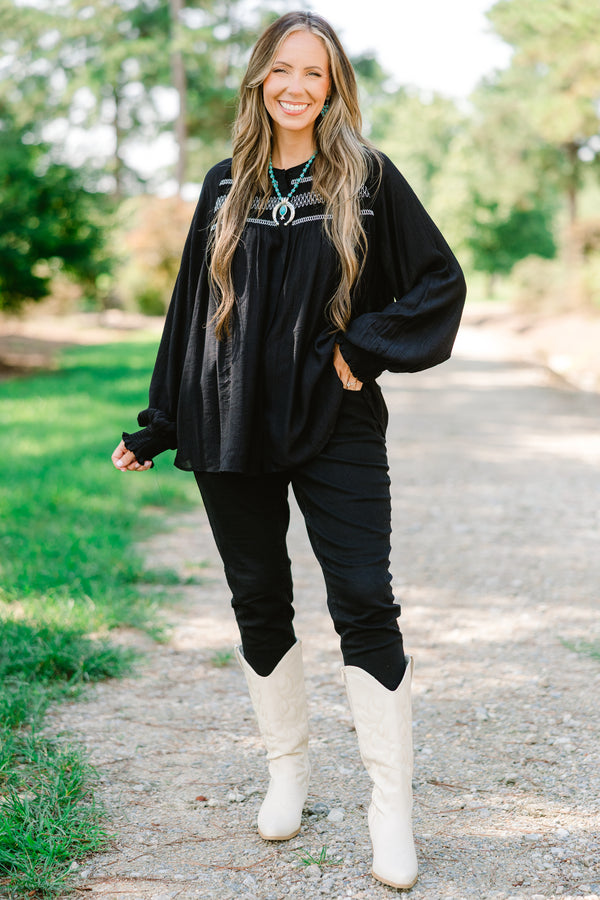 Chic Soul plus size clothing, black long sleeve op with white stitching details on the chest area 