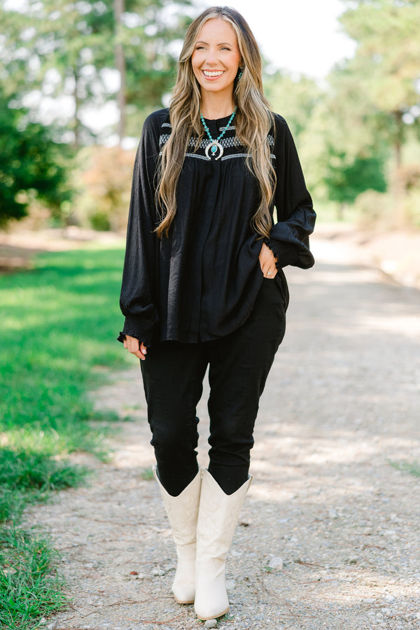 Chic Soul plus size clothing, black long sleeve op with white stitching details on the chest area 