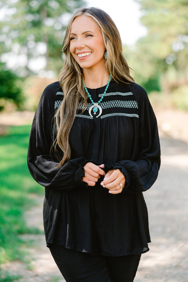 Chic Soul plus size clothing, black long sleeve op with white stitching details on the chest area 