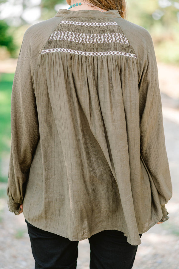 Chic Soul plus size clothing, olive green long sleeve blouse with white stitching detailing on the top