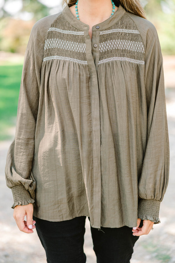 Chic Soul plus size clothing, olive green long sleeve blouse with white stitching detailing on the top