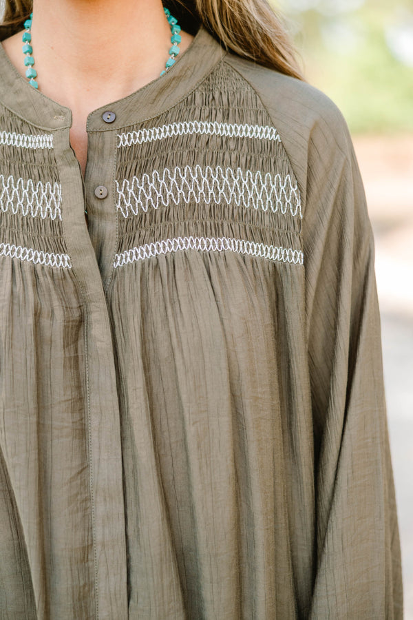 Chic Soul plus size clothing, olive green long sleeve blouse with white stitching detailing on the top