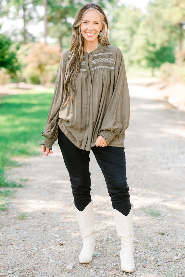 Chic Soul plus size clothing, olive green long sleeve blouse with white stitching detailing on the top