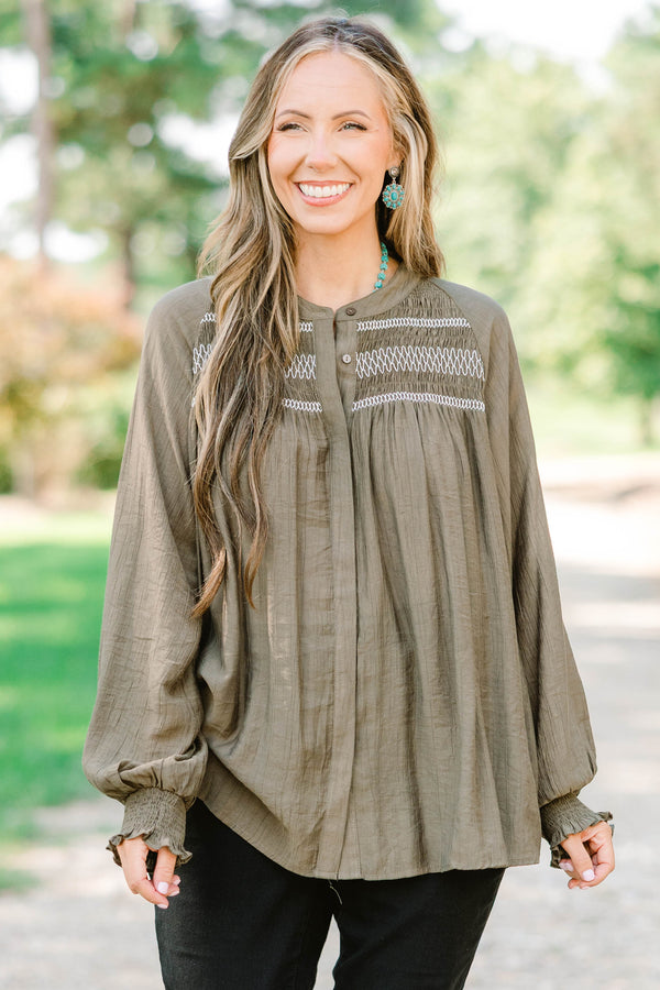 Chic Soul plus size clothing, olive green long sleeve blouse with white stitching detailing on the top