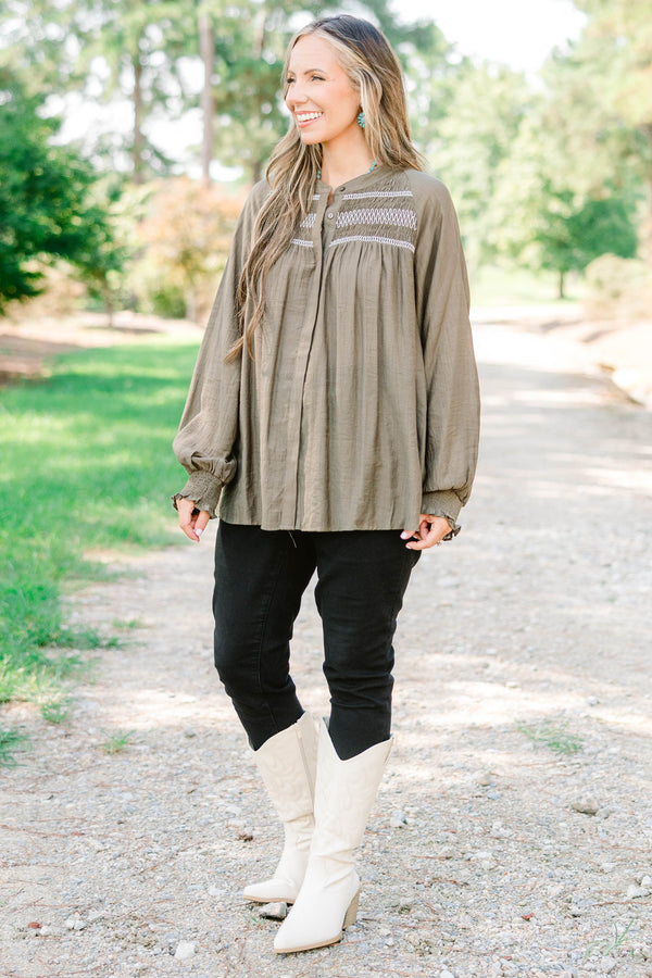 Chic Soul plus size clothing, olive green long sleeve blouse with white stitching detailing on the top