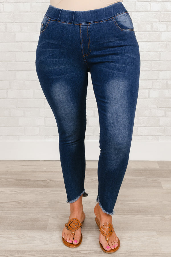 Chic Soul plus size clothing, medium wash jeggings with frayed hemline