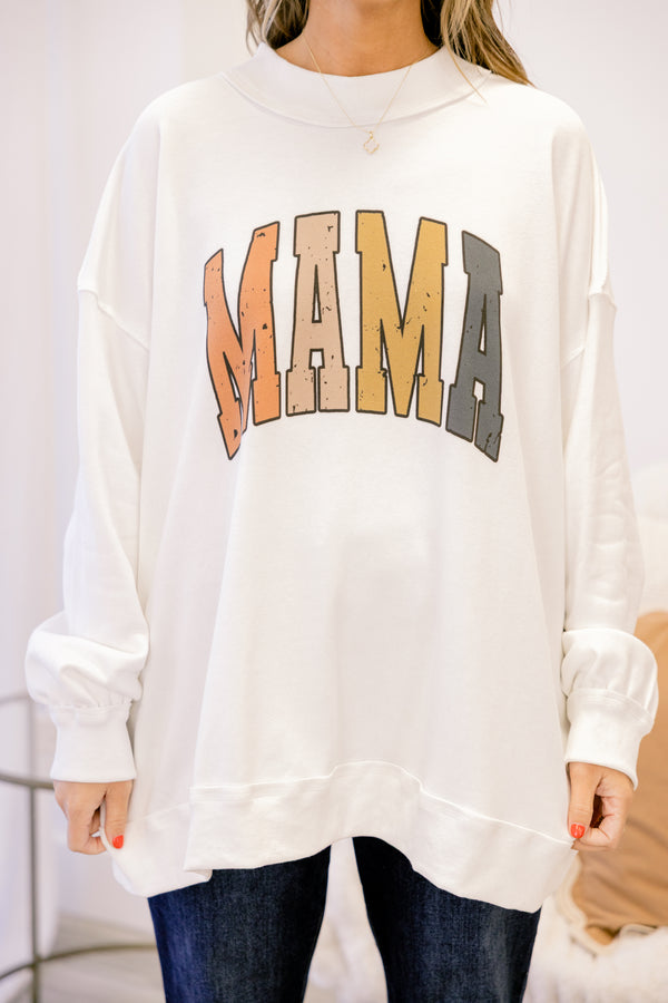 Chic Soul plus size clothing, off white long sleeve mock neck pullover with “Mama” written in fall colored varsity script
