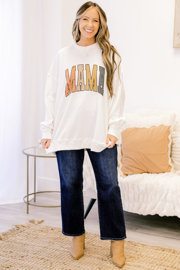 Chic Soul plus size clothing, off white long sleeve mock neck pullover with “Mama” written in fall colored varsity script
