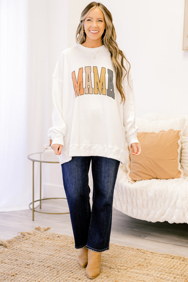Chic Soul plus size clothing, off white long sleeve mock neck pullover with “Mama” written in fall colored varsity script
