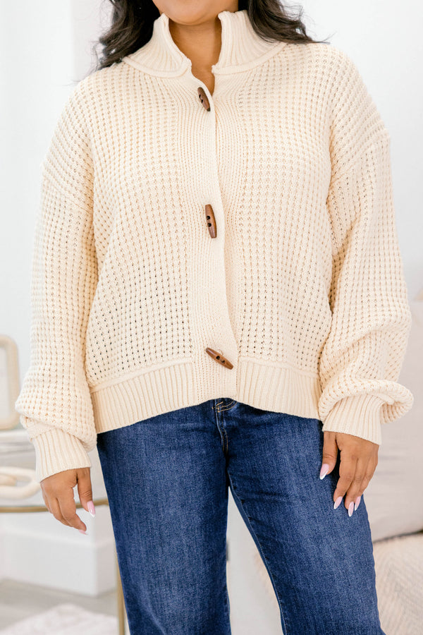Chic Soul plus size clothing, knit cream cardigan with collar and three wooden buttons