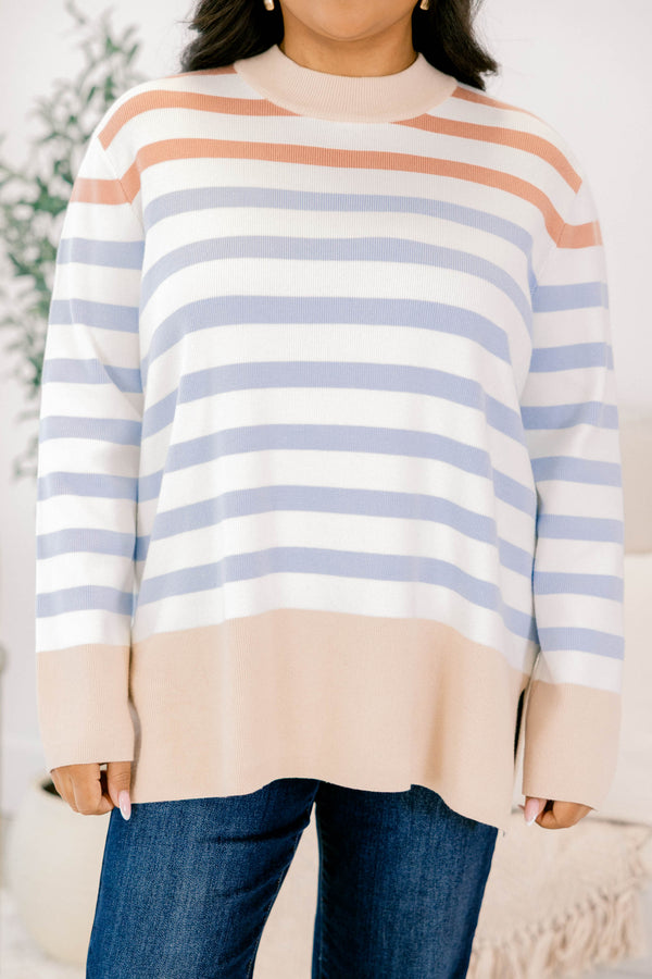 Chic Soul plus size clothing, white and light blue horizontal stripe mock neck sweater with thick tan stripe around the hem, collar, and sleeves