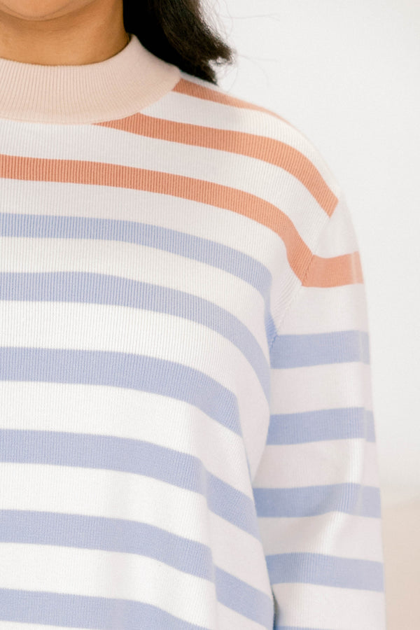Chic Soul plus size clothing, white and light blue horizontal stripe mock neck sweater with thick tan stripe around the hem, collar, and sleeves