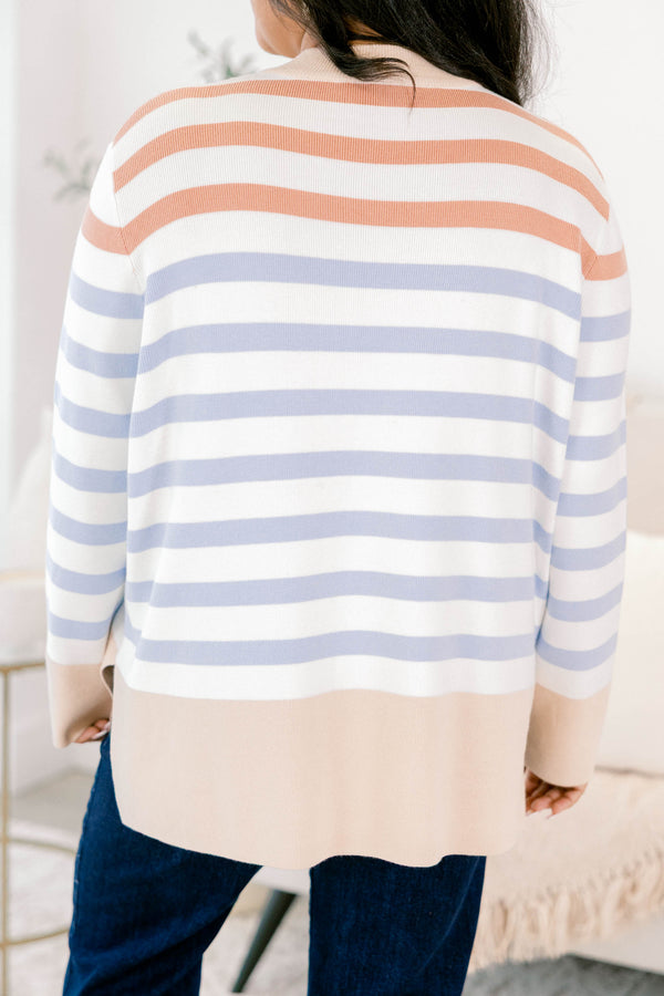 Chic Soul plus size clothing, white and light blue horizontal stripe mock neck sweater with thick tan stripe around the hem, collar, and sleeves