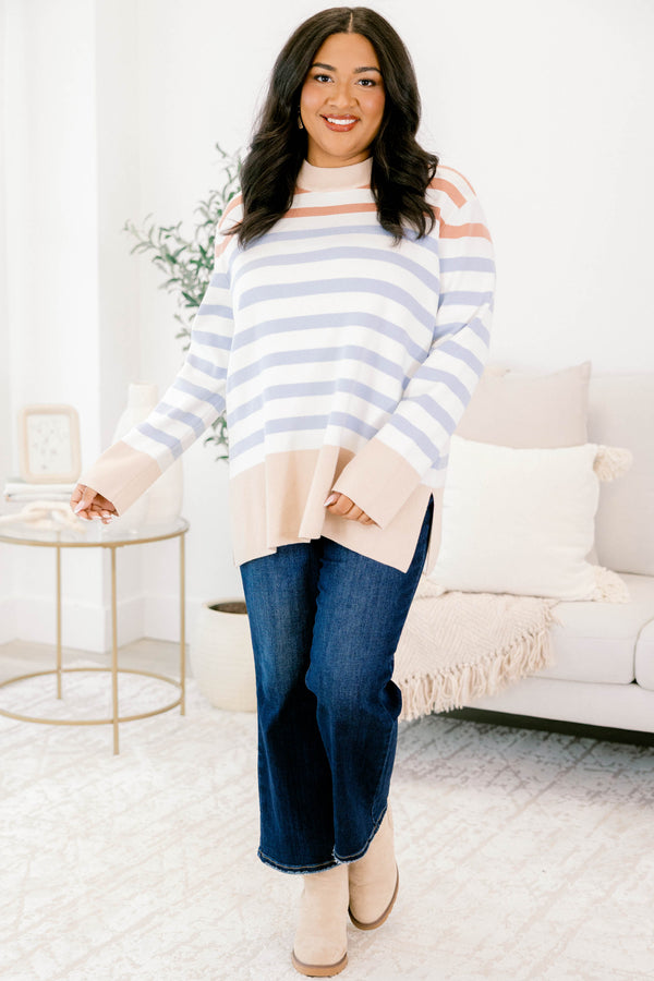 Chic Soul plus size clothing, white and light blue horizontal stripe mock neck sweater with thick tan stripe around the hem, collar, and sleeves