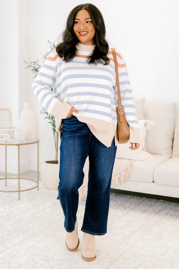Chic Soul plus size clothing, white and light blue horizontal stripe mock neck sweater with thick tan stripe around the hem, collar, and sleeves