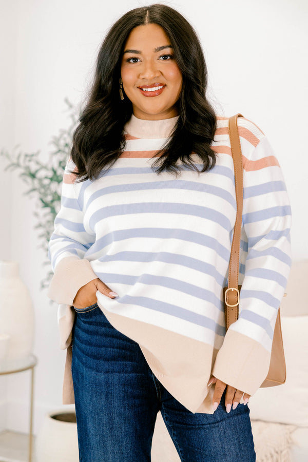 Chic Soul plus size clothing, white and light blue horizontal stripe mock neck sweater with thick tan stripe around the hem, collar, and sleeves
