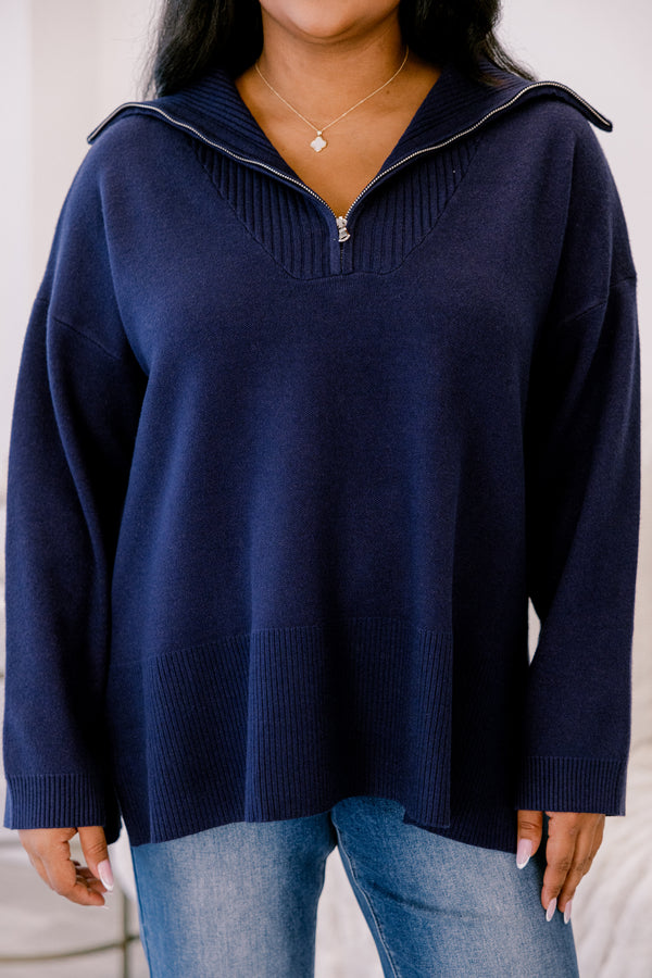 Chic Soul plus size clothing, dark blue long sleeve relaxed fit ¼ zip sweater with collar