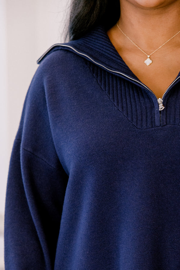 Chic Soul plus size clothing, dark blue long sleeve relaxed fit ¼ zip sweater with collar